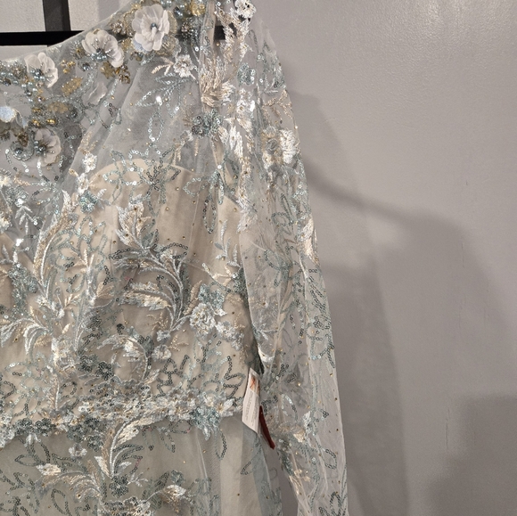 NWT Mac Duggal Long Sleeve Appliqué Lace A-Line Gown Mist 67498 - Picture 11 of 12